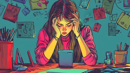 Stressed Young Woman Working at a Desk with Many Notes