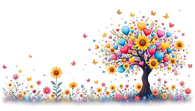 Happy holiday, funny tree with flower. Balloons happy holiday funny tree. Tree happy holiday balloons funny. Spring, summer, autumn, winter. Art trees. A vibrant watercolor tree with  colorful flowers