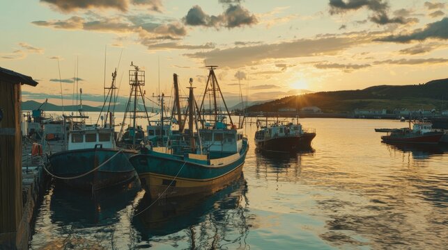 Scenic Sunset Harbor with Fishing Boats Docked at Pier