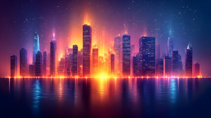 Neon Cityscape Night Skyline Reflection, Futuristic Urban Background, Digital Art.
