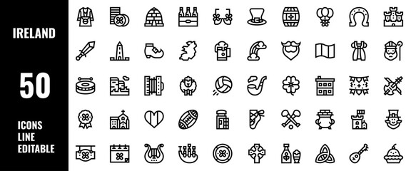 50 Ireland Icons Set Pack Line Editable Vector Illustration