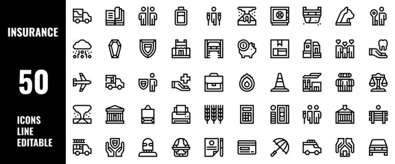 50 Insurance Icons Set Pack Line Editable Vector Illustration