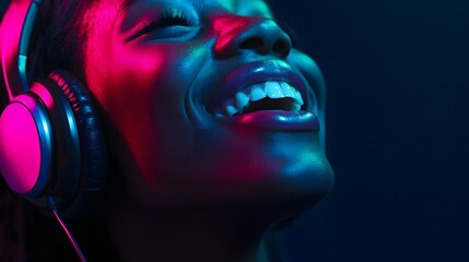 Woman Listening to Music with Headphones Joyful Expression