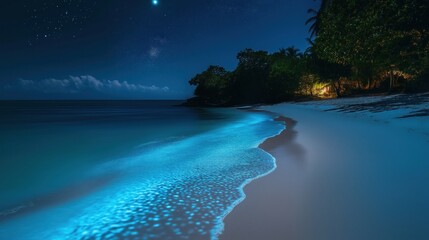 Sandy beach at night with moon brightly shining on the surface of the ocean
