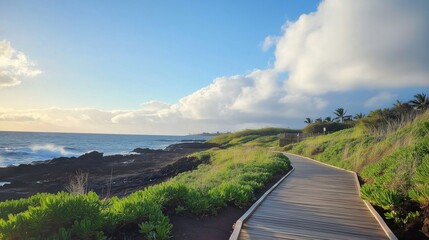 Fototapeta premium Board walk surrounded by beach and lush green trees