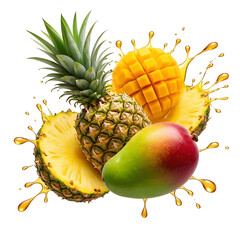 Realistic ftuiys juice splash burst composition with spray images and ripe tropical fruits