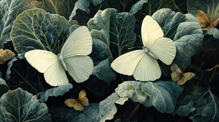 Two White Butterflies Among Lush Green Cabbage Leaves
