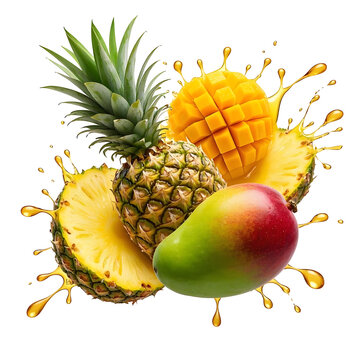  Realistic ftuiys juice splash burst composition with spray images and ripe tropical fruits