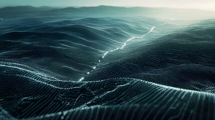 Abstract Digital Landscape with Glowing Path