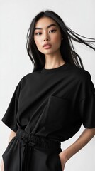 Serene Asian Woman in Oversized Black Pocket Tee and Pants