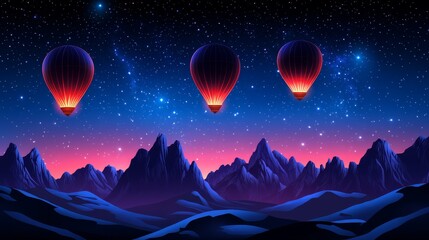 Fototapeta premium Three luminous hot air balloons ascend over a fantastical, starlit mountain range