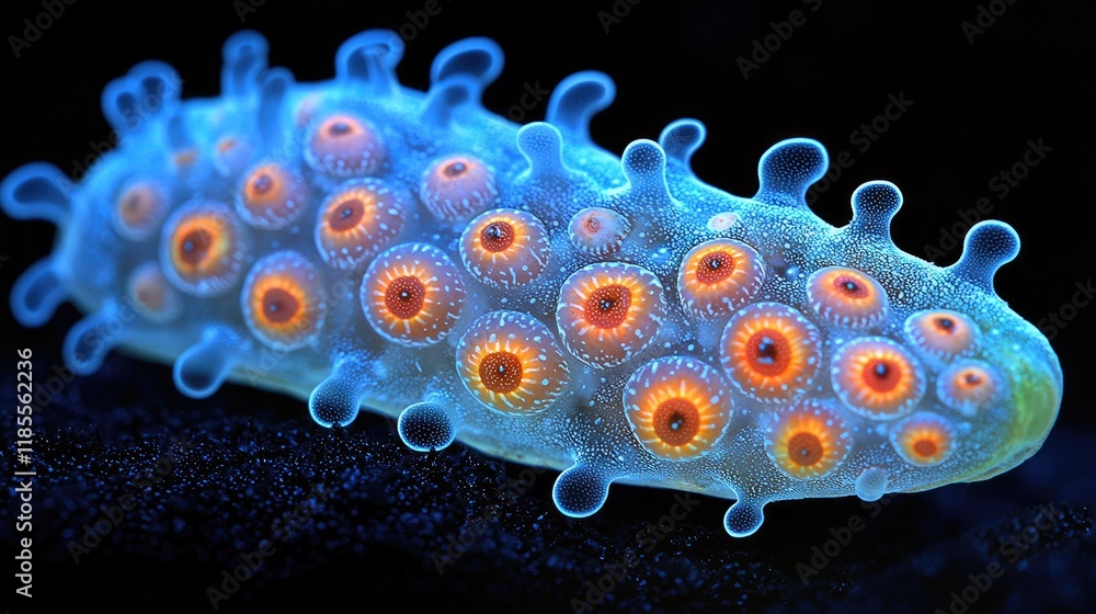 Poster bioluminescent aquatic organism with glowing circular structures in microscopic view
