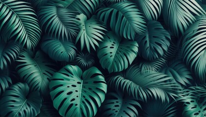 Fototapeta premium Tropical leaves, monstera deliciosa, dark green foliage, lush jungle background, botanical pattern, exotic flora, dense plant growth, nature close-up, deep shadows, vibrant green hues, leaf textures, 