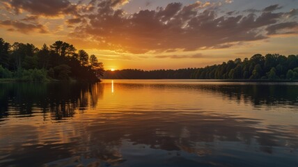 "A tranquil lake surrounded by trees, with the sun setting on the horizon. The water is perfectly still, reflecting the vivid colors of the sunset and the silhouettes of nearby vegetation. The scene e