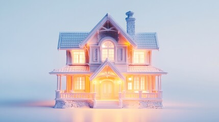 Naklejka premium Illuminated Victorian House Model: A Dream Home in Winter Setting
