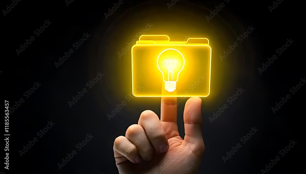 Poster a hand points to a glowing folder with a light bulb inside