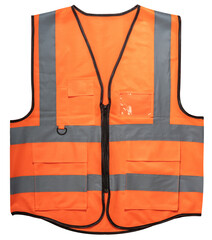 Reflective Orange safety vest for safety on duty on white background,Safety Vest Reflective shirt beware, guard, traffic shirt, rescue, police, security shirt isolated on white PNG File.