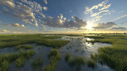 Naklejka premium Serene Sunset over Lush Green Marshland Wetland Landscape