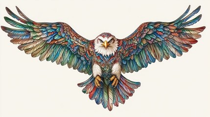 Fototapeta premium A colorful, intricately designed eagle with outstretched wings, showcasing artistic detail.