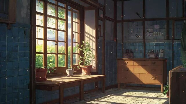 Lofi animation video exploring the poetic beauty of a simple blue room With window, bathed in warm light, with its minimal yet captivating charm accentuated by nature's gentle presence