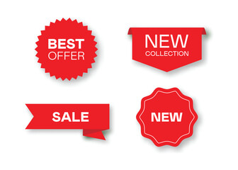 Collection of sale banners in red style. Sale labels banners. Red ribbons, Tags and stickers. Discount and promotion banners. Vector illustration.