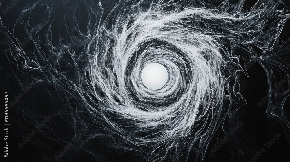 Poster abstract vortex: a swirling nebula of white filaments against a dark background, creating a mesmeriz