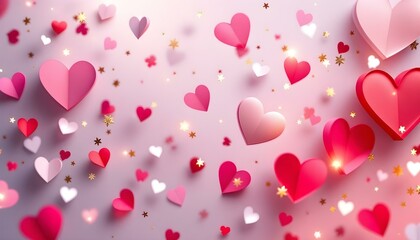 Red, pink and white hearts with golden confetti isolated on a transparent background. Paper cut decorations for valentine's day design. Celebrate Valentine's Day with a vibrant design