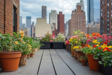 Fototapeta premium Rooftop Garden Blooms Against City Skyline