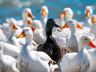 Obraz premium A black duck among white ducks, standing out and symbolizing uniqueness. Bright, natural lighting,