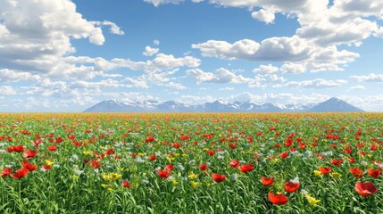 Naklejka premium Vibrant Wildflower Meadow Landscape with Mountain Range and Blue Sky