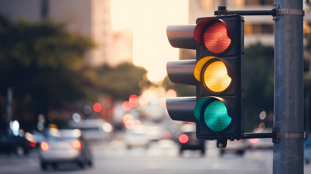 Close-up of a traffic light on a city street, symbolizing urban traffic regulation and order, representing transportation safety and city infrastructure concepts.
