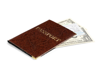 Obraz premium Brown leather passport cover with gold lettering, boarding pass, and US dollar bills for international travel and global business