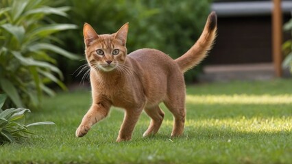 Fototapeta premium Sorrel abyssinian cat in the garden