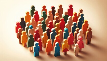 Naklejka premium colorful wooden figurines, crowd of people, diverse group, community concept, warm lighting, soft shadows, depth of field, shallow focus, organized arrangement, multiple colors, standing together, uni