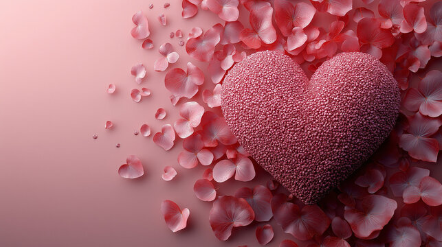 This Valentine’s Day illustration features a textured pink heart surrounded by delicate petals on a soft pink gradient background. It is perfect for romantic themes, February designs, and celebrations