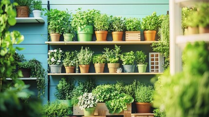 Plants growing in pots and a garden with flowers and herbs on a shelf and patio