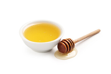 Bowl with sweet honey and wooden dipper on white background