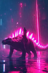 A futuristic scene featuring a rider on a dinosaur with neon lights in a rainy environment.
