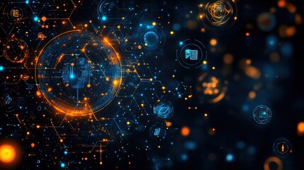 Abstract digital illustration featuring interconnected nodes and icons, symbolizing technology and data networks.