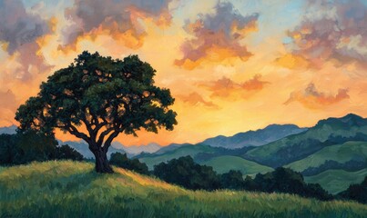 Fototapeta premium Majestic Sunset Over Rolling Hills with Isolated Oak Tree