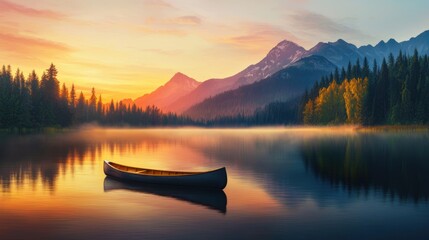 Tranquil Canoe on Serene Lake During Colorful Sunrise