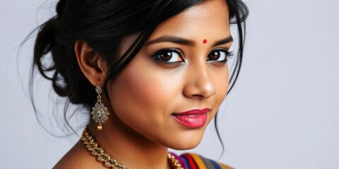 A young Indian woman with dark hair and brown eyes, wearing sari and traditional Indian jewelry including earrings and a necklace, against a dark studio background