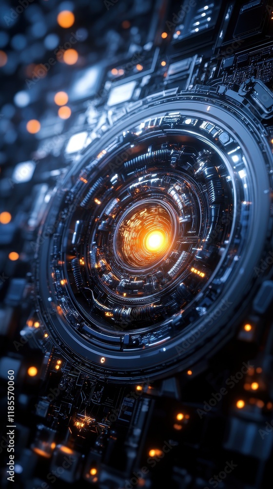 Poster futuristic technology design with glowing circular elements and intricate details.