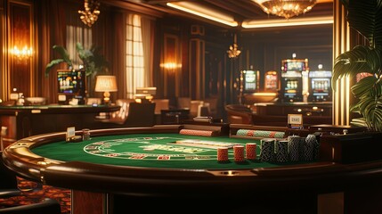 Elegant Casino Baccarat Table: Luxurious Interior, Dramatic Lighting
