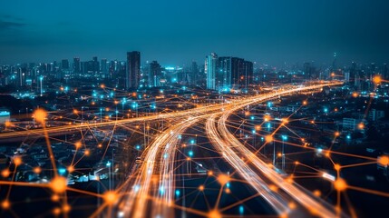 Fototapeta premium Night Cityscape Illuminated Highway Network Connections