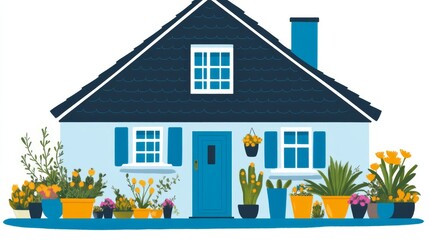 Fototapeta premium Charming Suburban Home with Vibrant Flowerbeds and Lush Landscaping