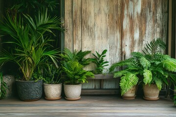 Lush Green Plants in Terracotta Pots Against Weathered Wood