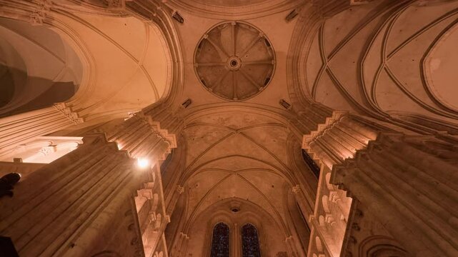View of ceiling of Saint-Nicolas Church with romanesque architecture in Blois, France.