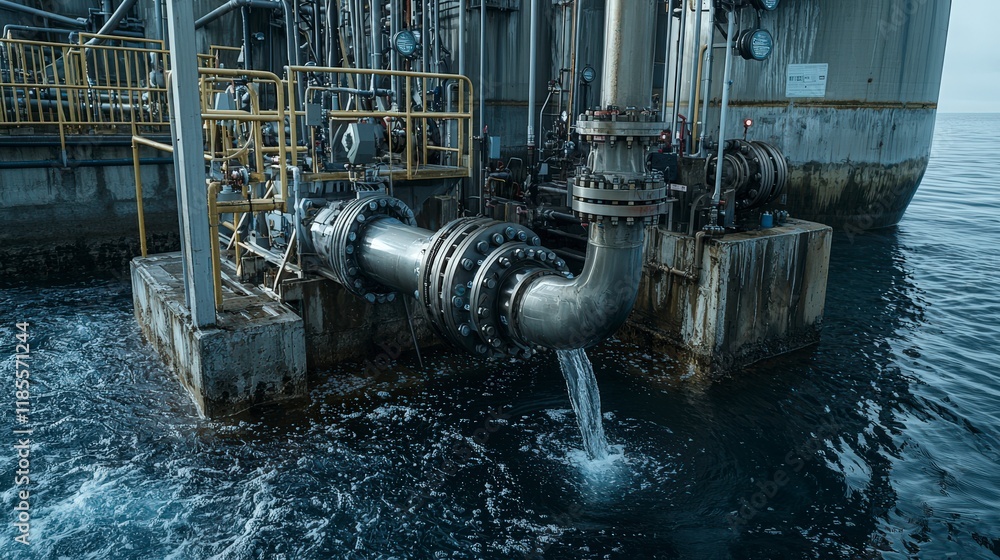 Poster robotic pumps extracting water from a massive reservoir industrial setting water management coastal 