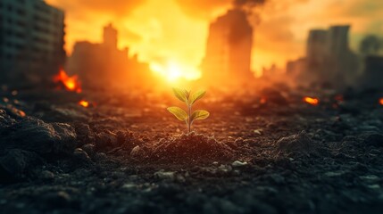 Small Plant Sprouting in the Center of a Burning Nuclear War Zone, Symbolizing Hope and Renewal Amid Destruction, with Sunlight Highlighting New Life